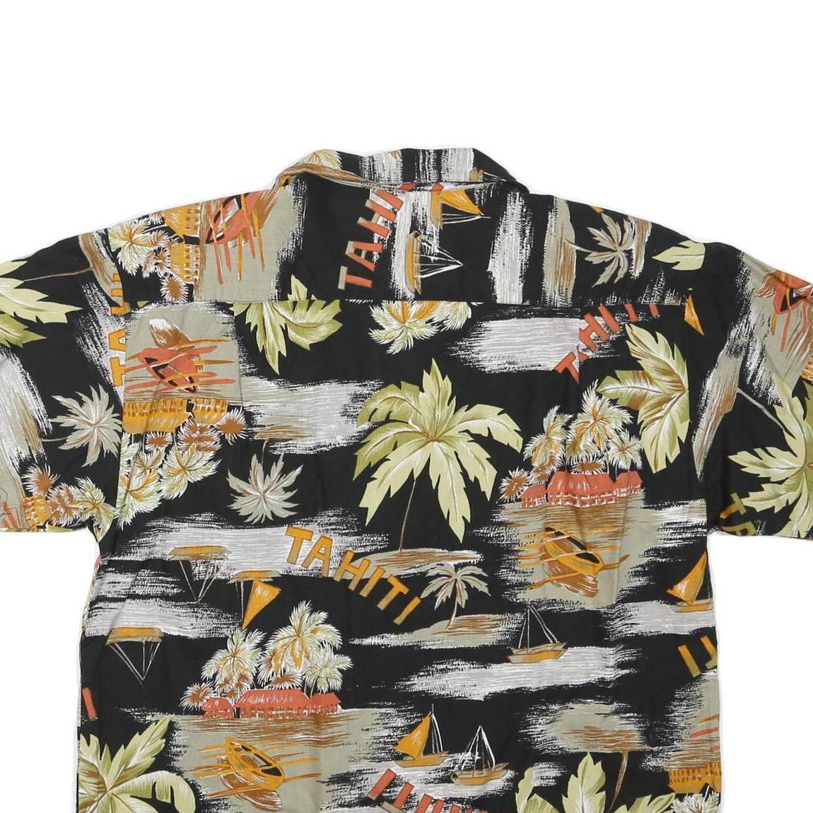 Womens Black Orange Tahiti Print Shirt Short Sleeve Collared L Cotton Blend