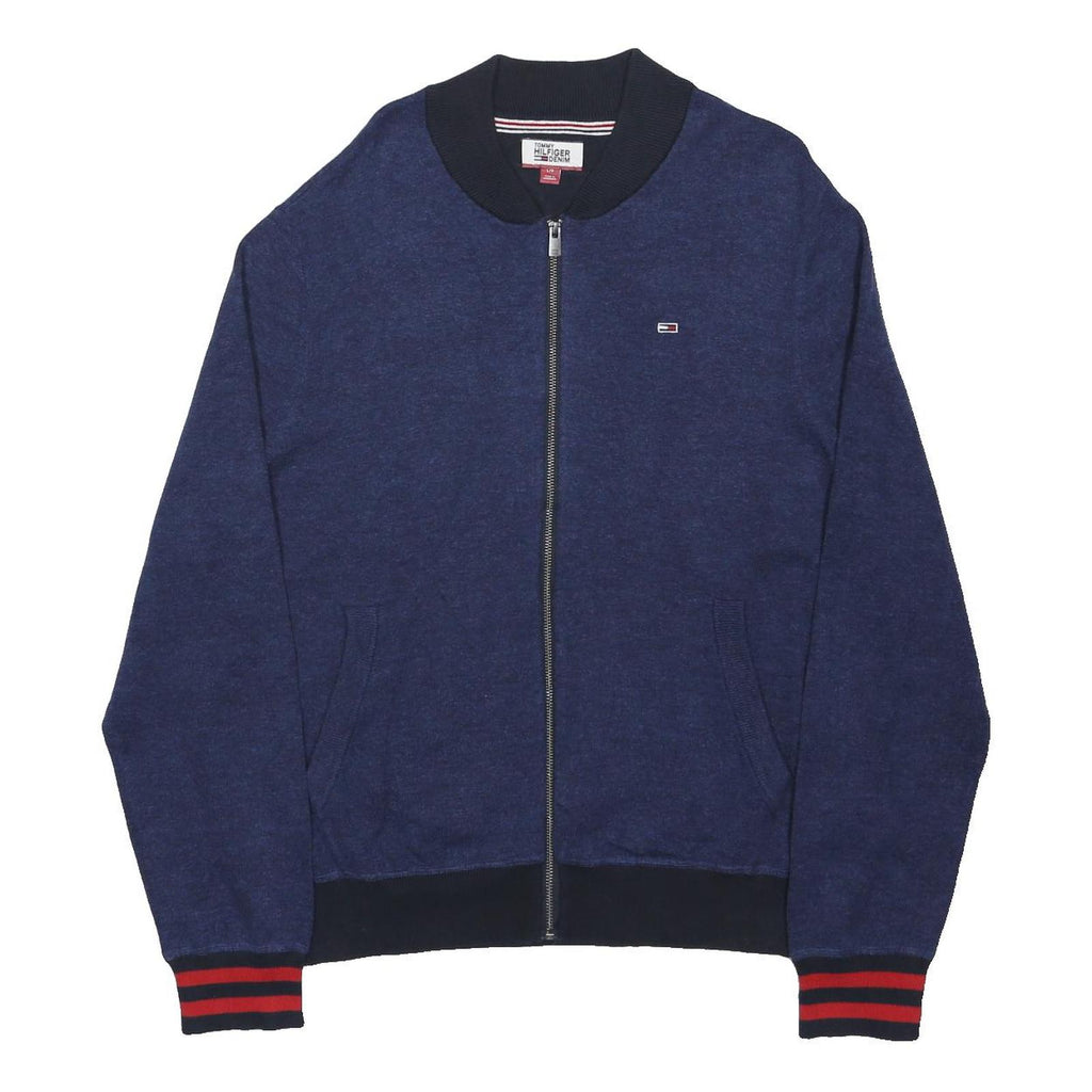 TOMMY HILFIGER Mens Blue Navy Bomber Jacket L Cotton Blend Plain Zip Retro