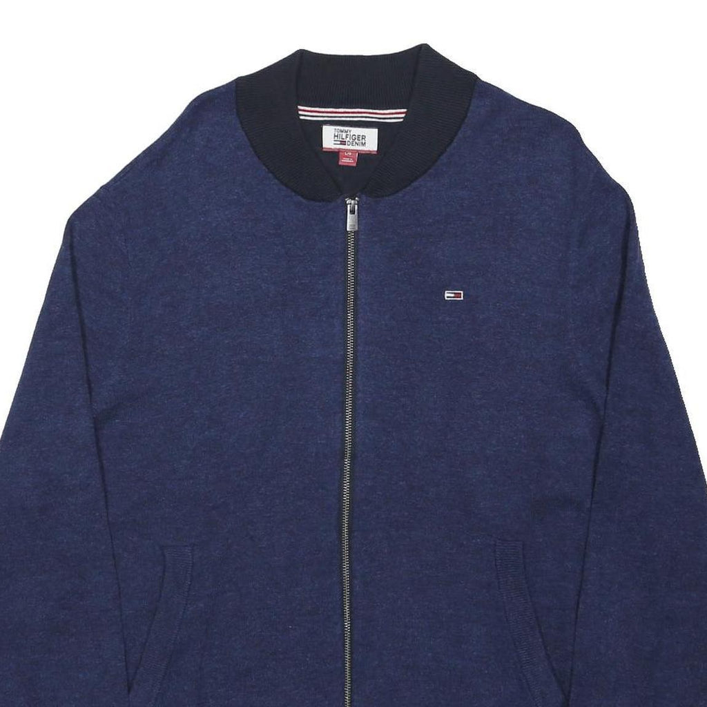 TOMMY HILFIGER Mens Blue Navy Bomber Jacket L Cotton Blend Plain Zip Retro