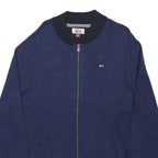 TOMMY HILFIGER Mens Blue Navy Bomber Jacket L Cotton Blend Plain Zip Retro