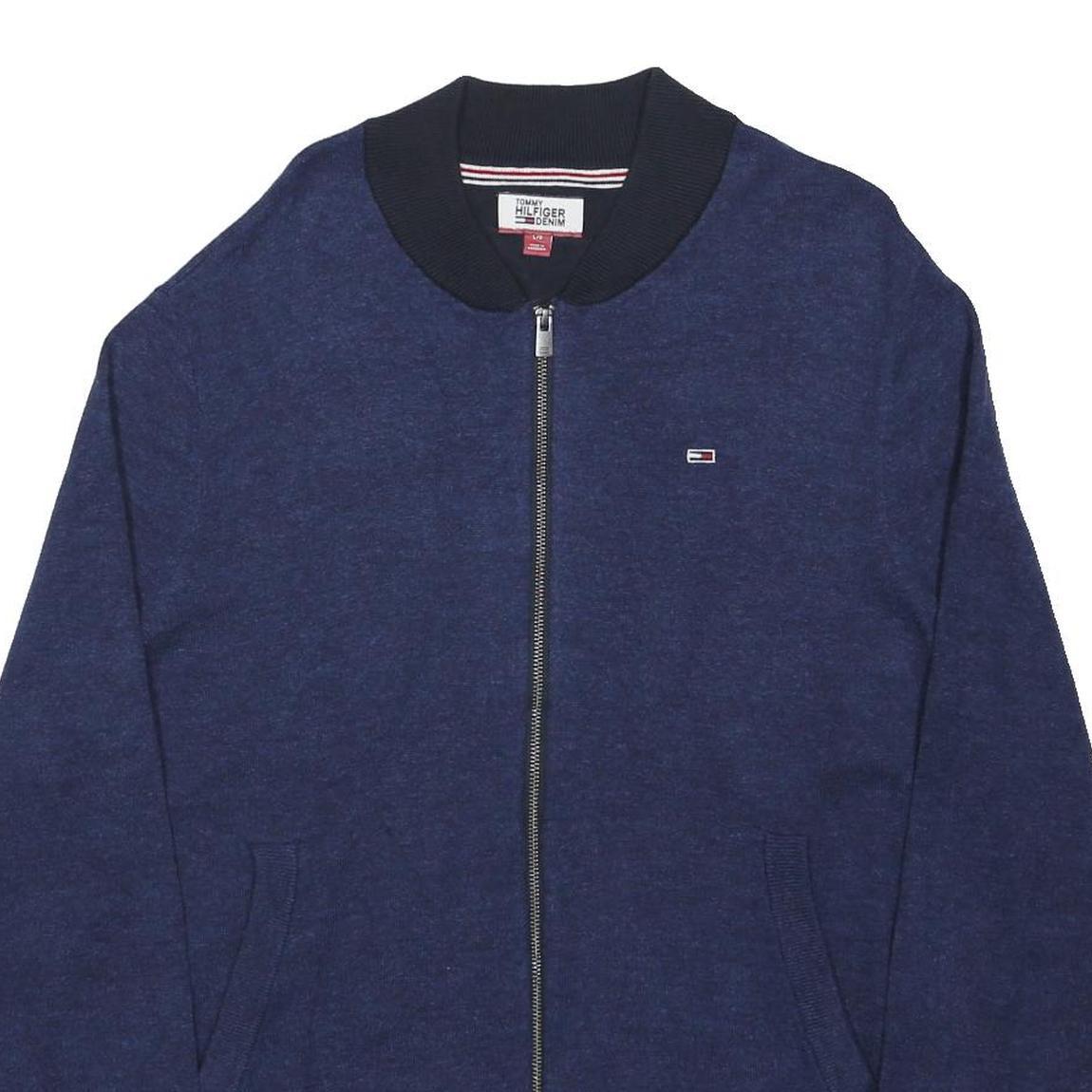 TOMMY HILFIGER Mens Blue Navy Bomber Jacket L Cotton Blend Plain Zip Retro
