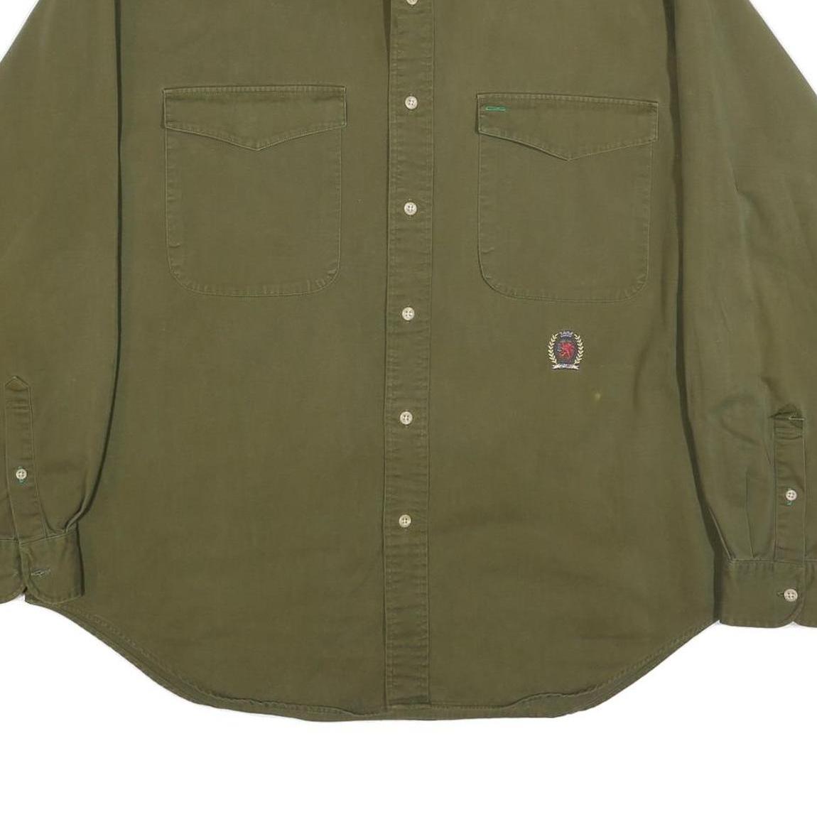 TOMMY HILFIGER Mens Green Long Sleeve Button Cotton Shirt L Casual Workwear