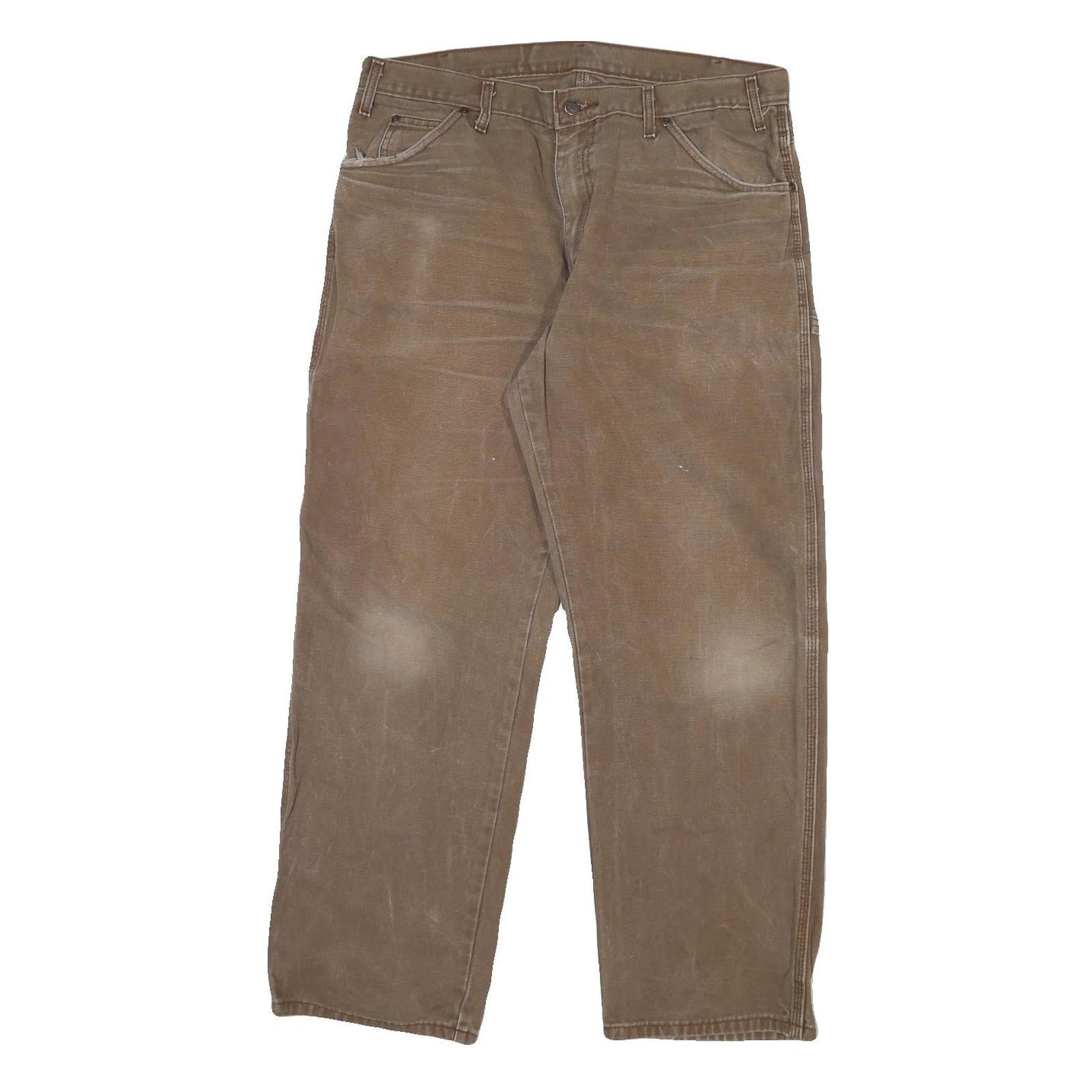DICKIES Mens Cotton Blend Brown Regular Leg Trousers W36 L30 Workwear Zip