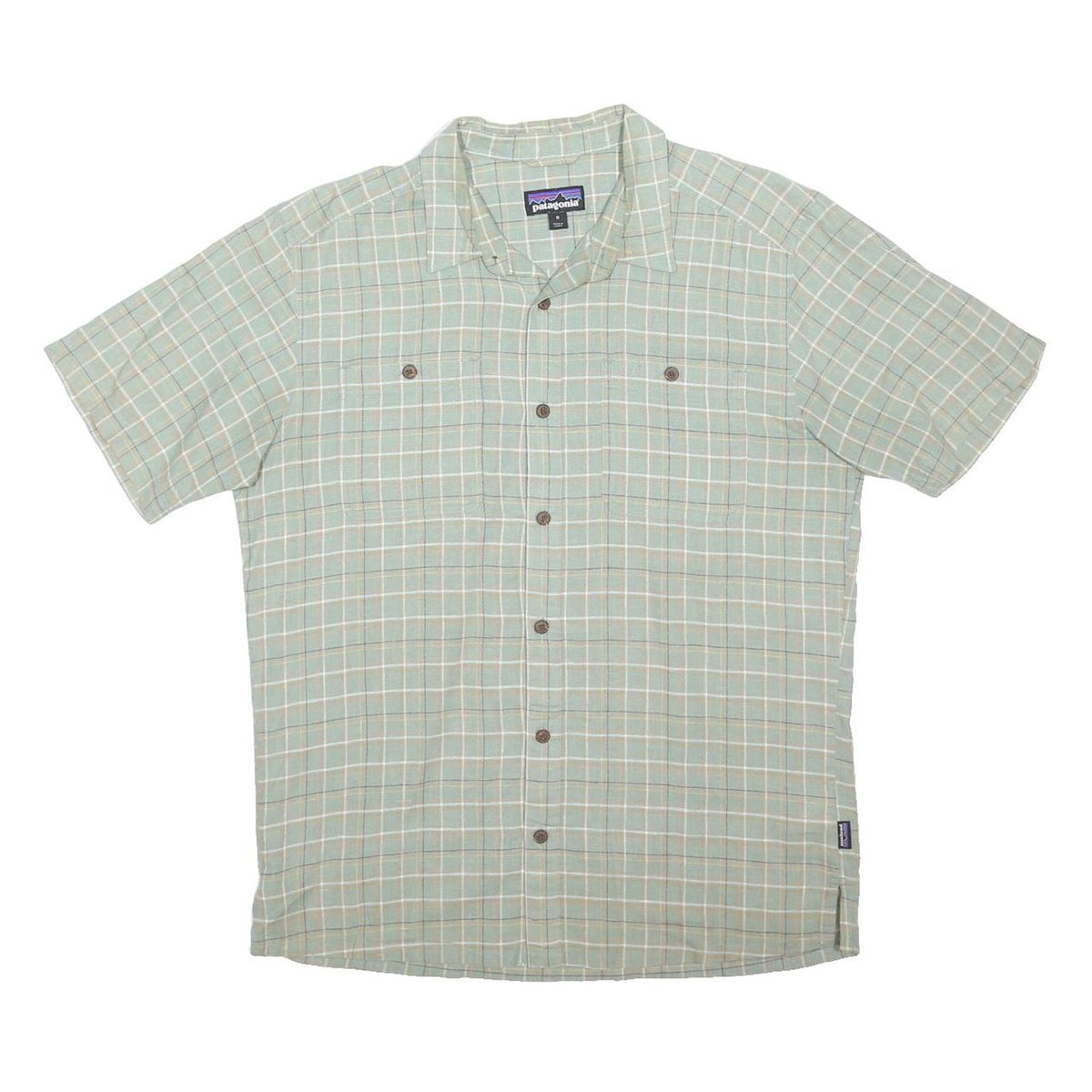 PATAGONIA Mens Green Check Shirt M Cotton Blend Casual Short Sleeve