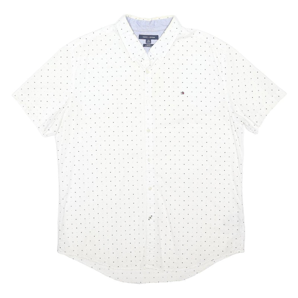 TOMMY HILFIGER Mens White & Navy Shirt L Cotton Blend Polka Dot Short Sleeve