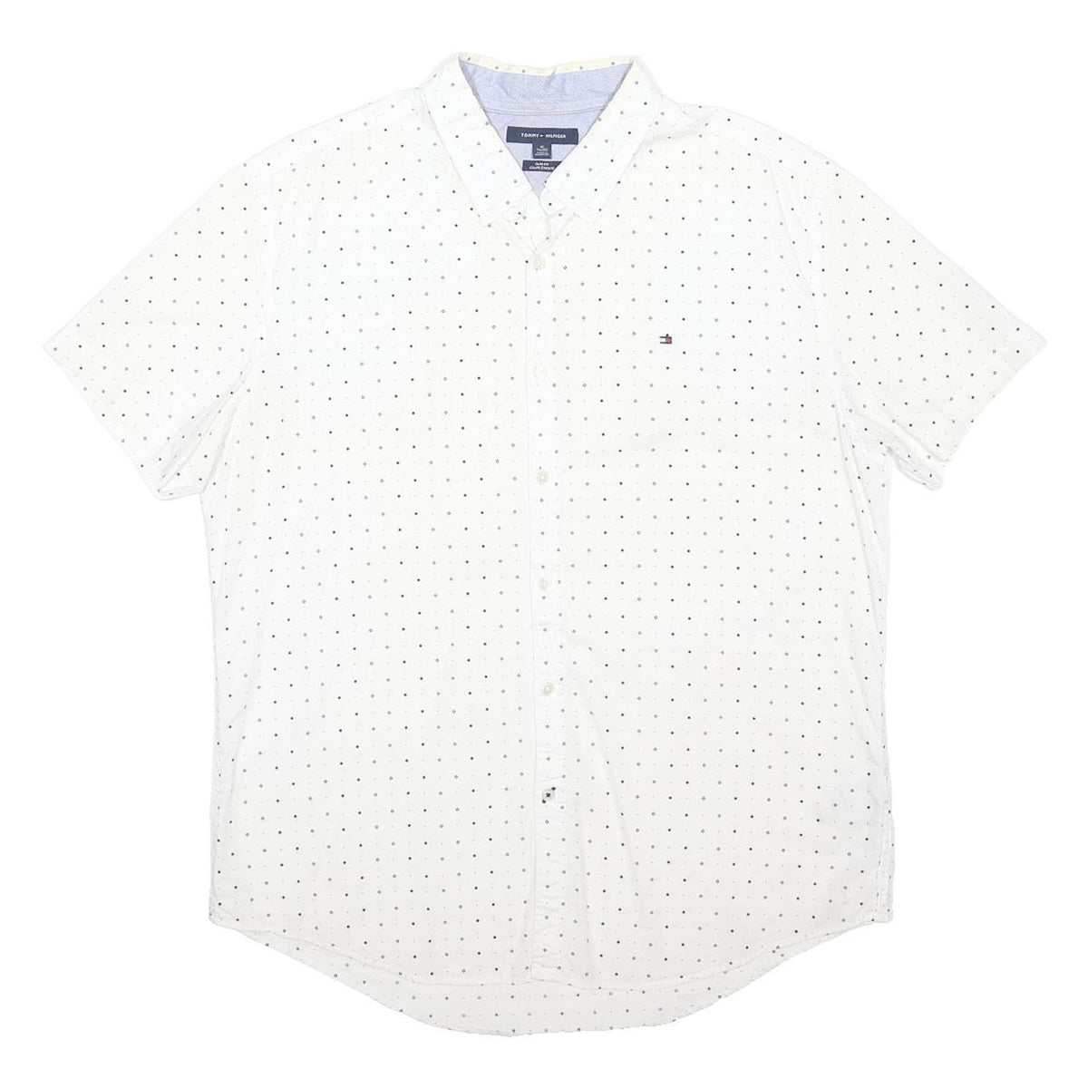 TOMMY HILFIGER Mens White & Navy Shirt L Cotton Blend Polka Dot Short Sleeve