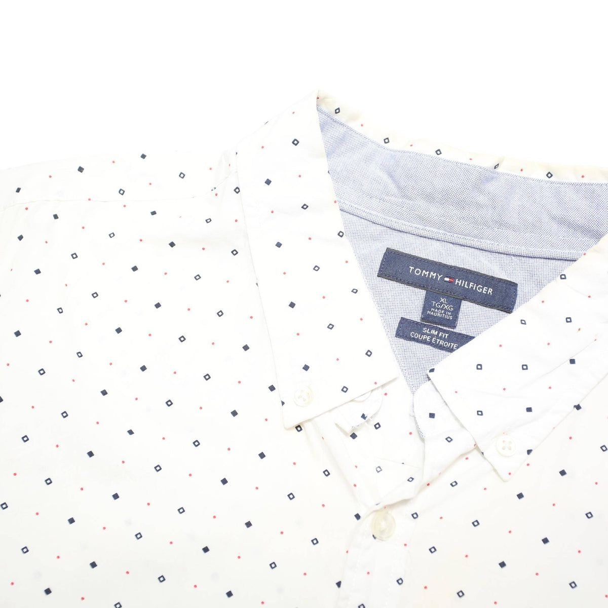 TOMMY HILFIGER Mens White & Navy Shirt L Cotton Blend Polka Dot Short Sleeve