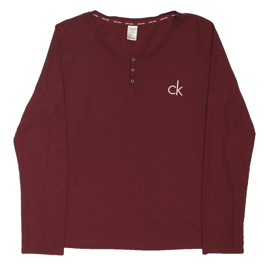 CALVIN KLEIN Womens Maroon Cotton Blend Logo Henley Long Sleeve T-Shirt M