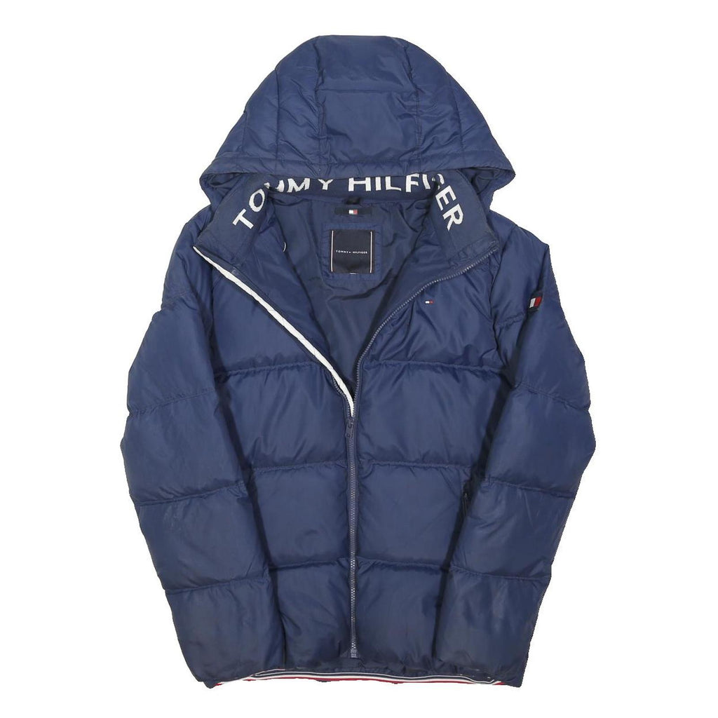 TOMMY HILFIGER Mens Blue Down Jacket M Puffer Hooded Zip Lightweight Warm