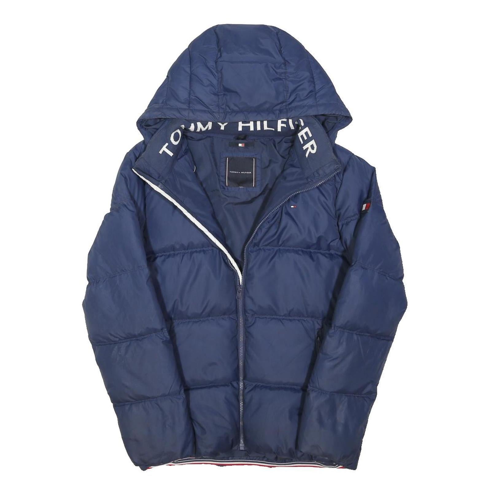 TOMMY HILFIGER Mens Blue Down Jacket M Puffer Hooded Zip Lightweight Warm