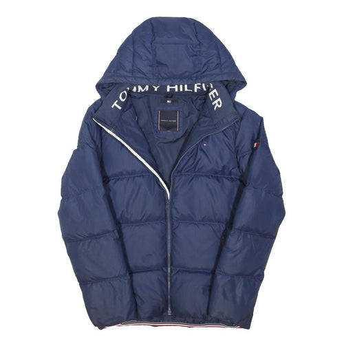 TOMMY HILFIGER Mens Blue Down Jacket M Puffer Hooded Zip Lightweight Warm