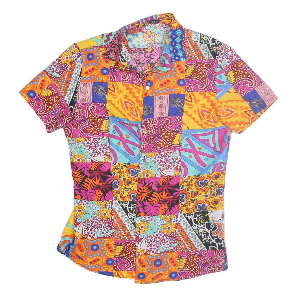 ROMWE Womens Multicolour Patchwork Pattern Shirt Dress Cotton Short Sleeve M