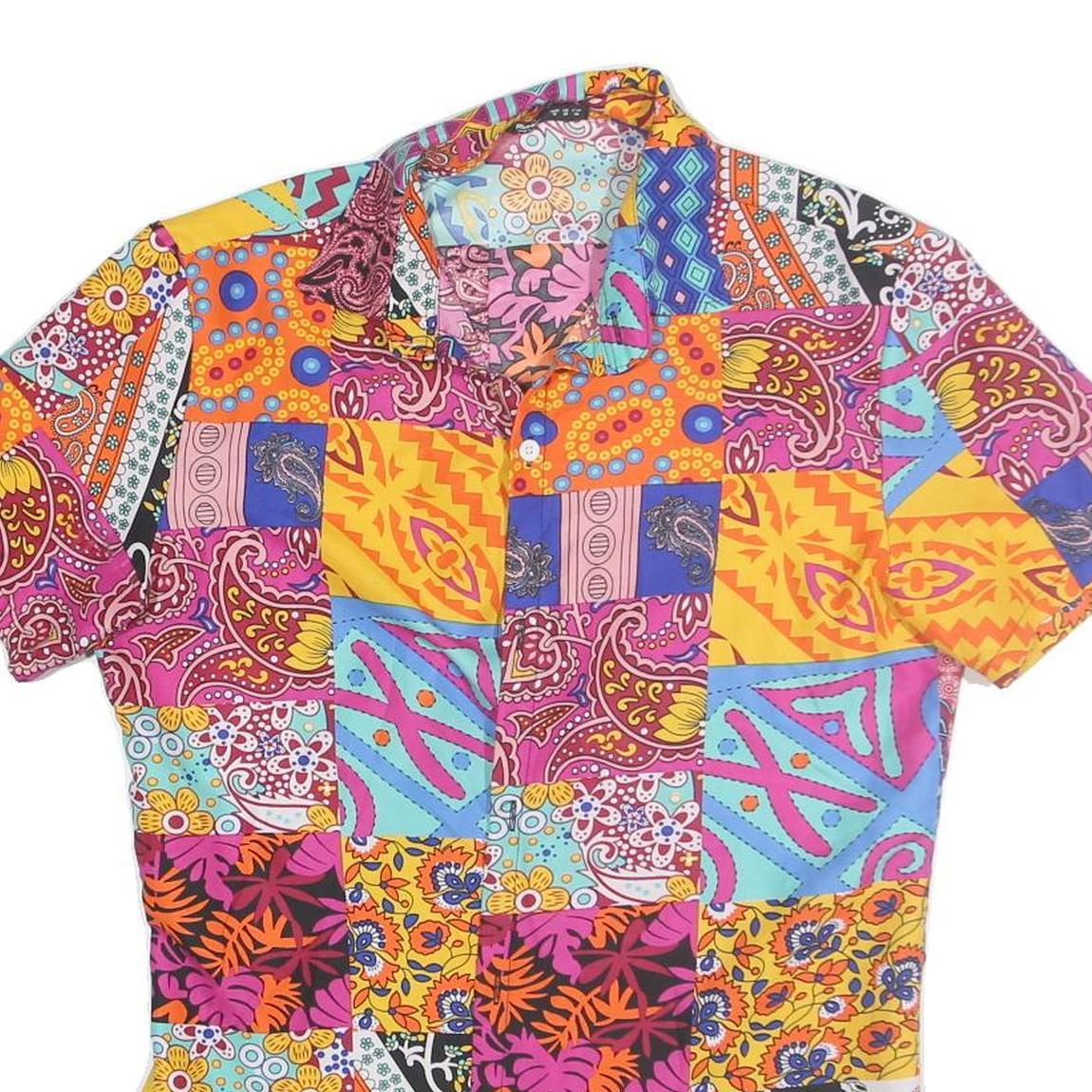 ROMWE Womens Multicolour Patchwork Pattern Shirt Dress Cotton Short Sleeve M