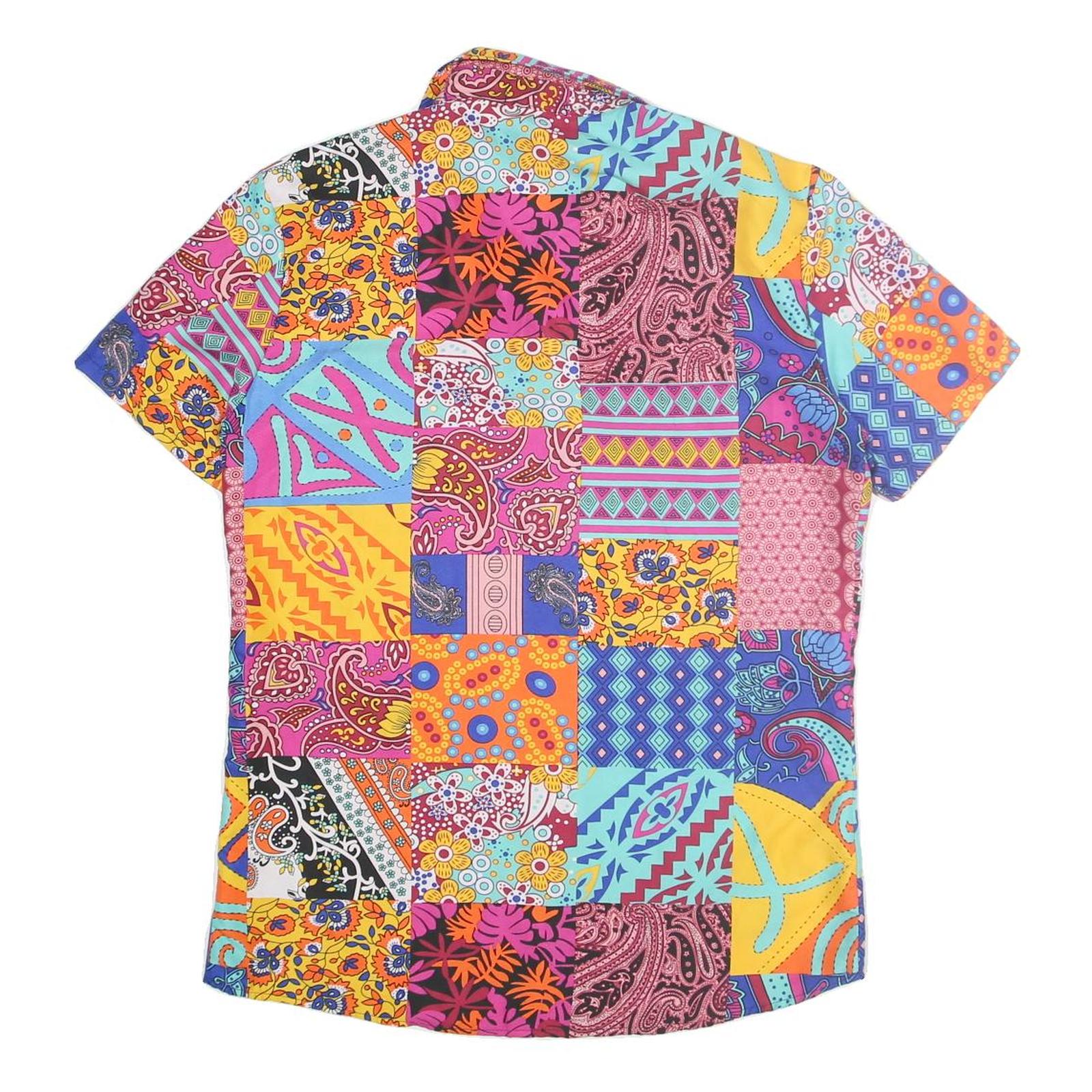 ROMWE Womens Multicolour Patchwork Pattern Shirt Dress Cotton Short Sleeve M