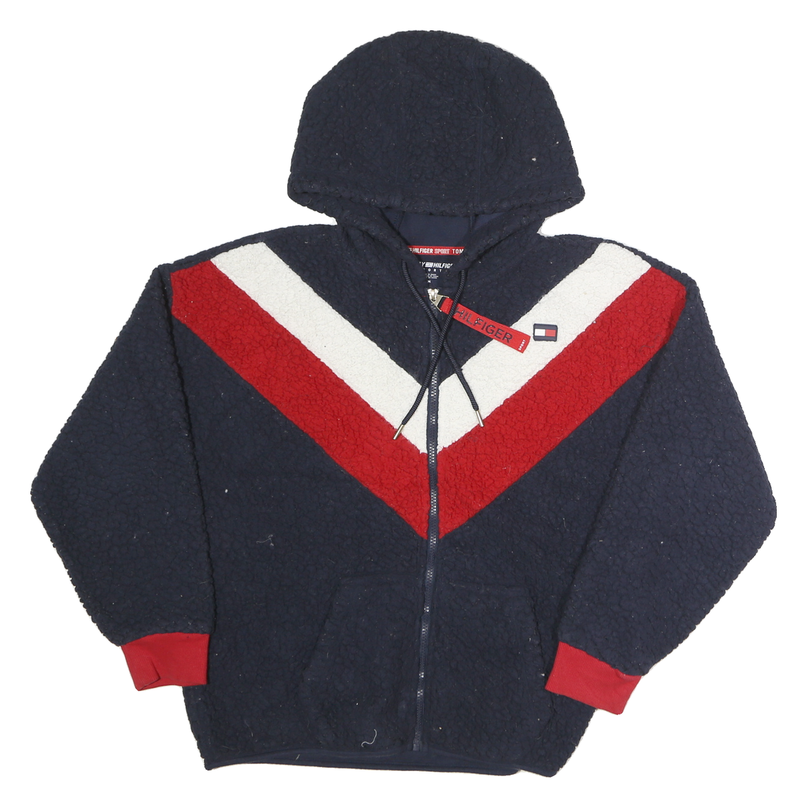 TOMMY SPORT Mens Navy Blue Red & White Chevron Zip Jacket M Cotton Sherpa
