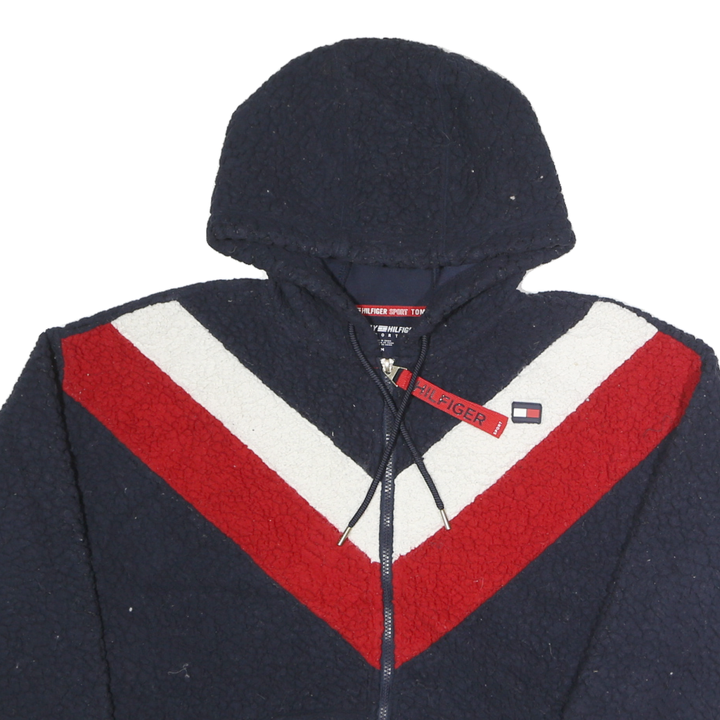 TOMMY SPORT Mens Navy Blue Red & White Chevron Zip Jacket M Cotton Sherpa