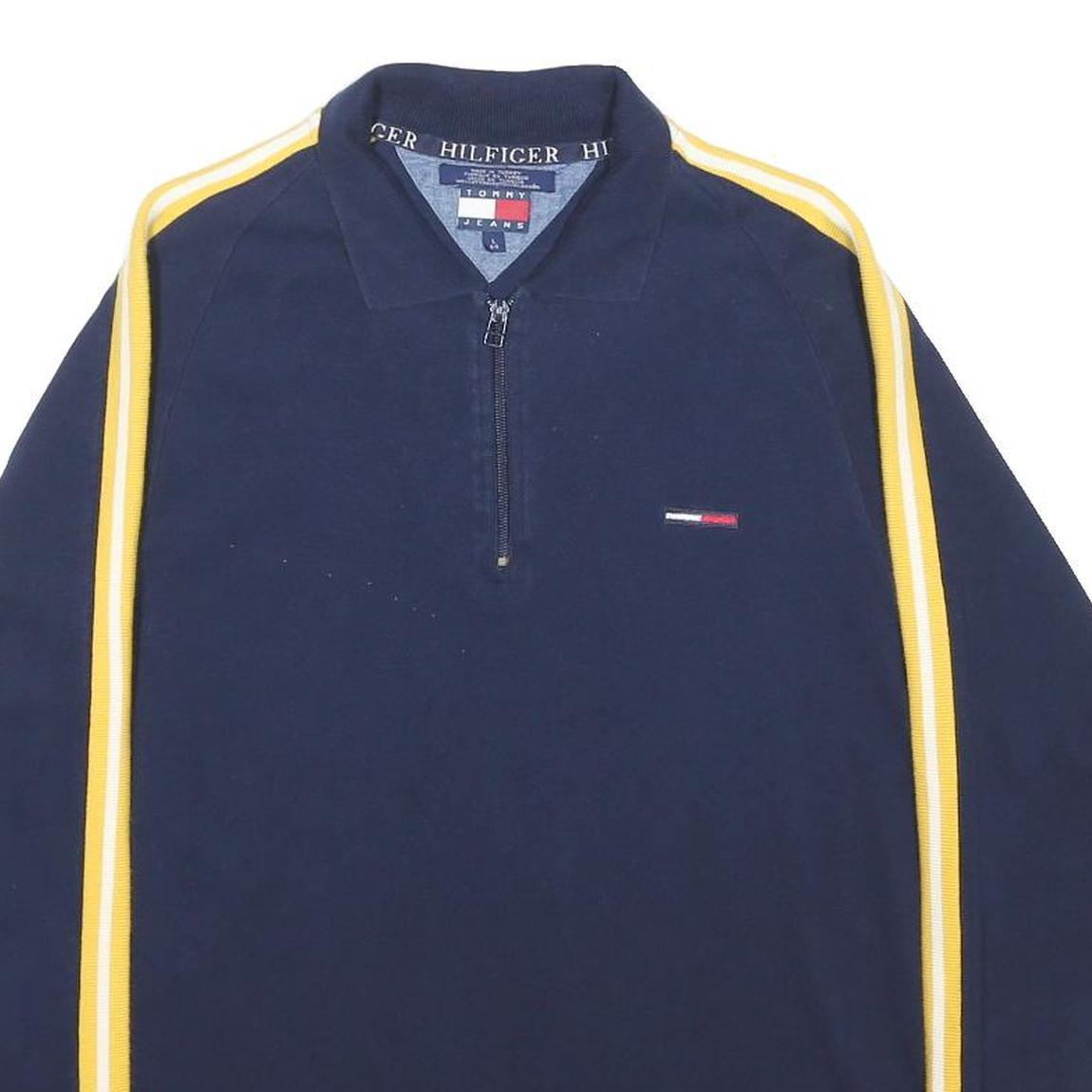 TOMMY JEANS Mens Navy Blue Yellow Stripe Long Sleeve Polo Shirt L Cotton Blend