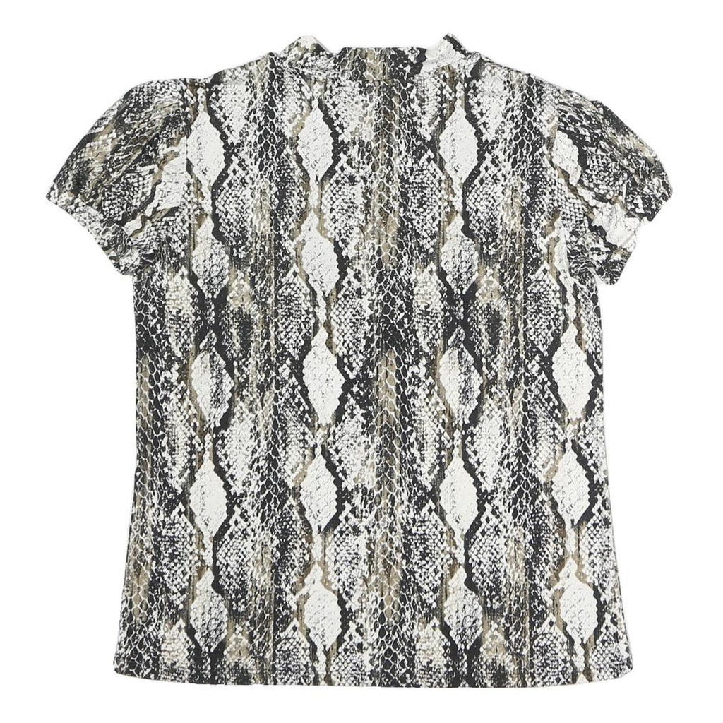 MORGAN Y2K Womens Black Beige Print Top Short Sleeve V-Neck M Stylish Polyester