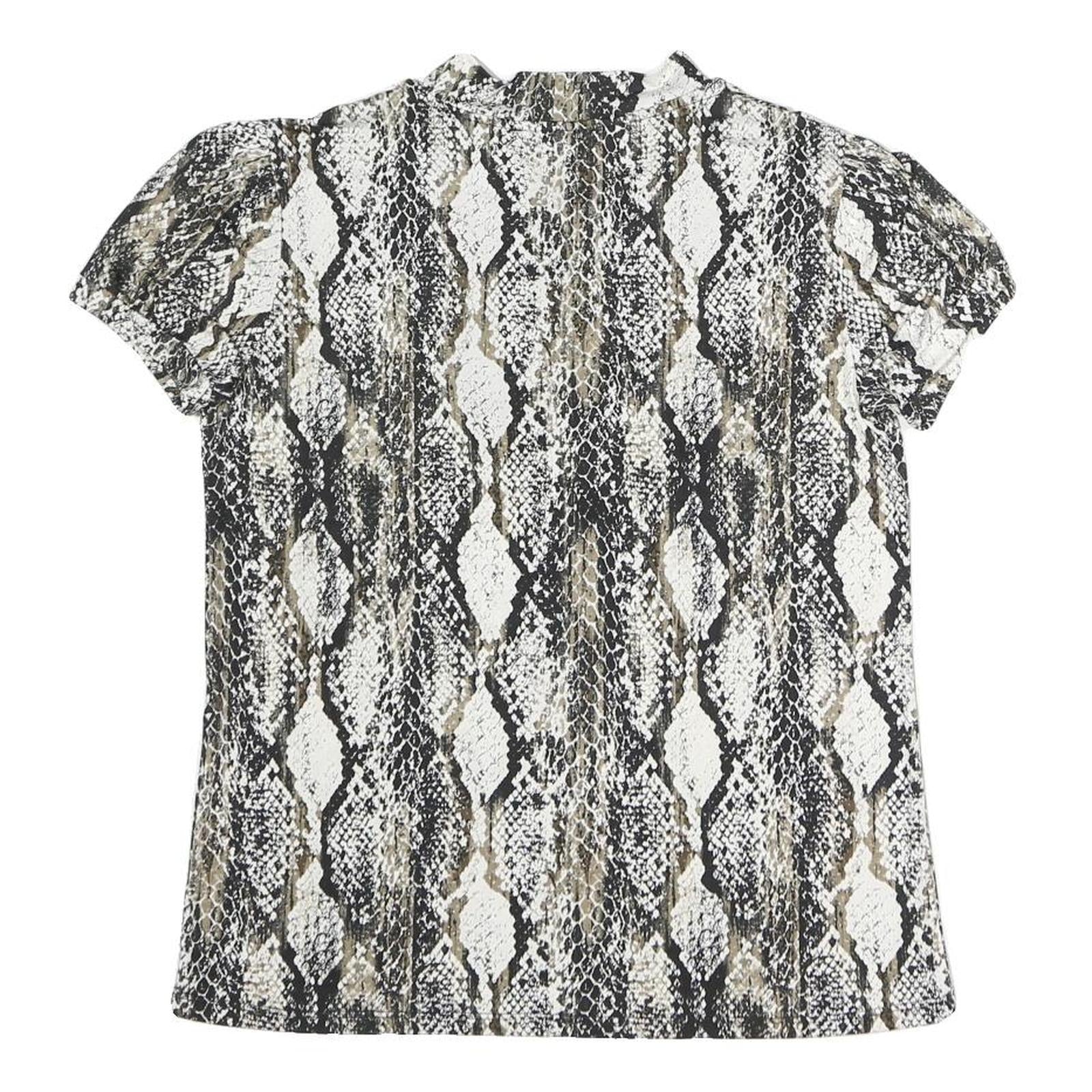 MORGAN Y2K Womens Black Beige Print Top Short Sleeve V-Neck M Stylish Polyester