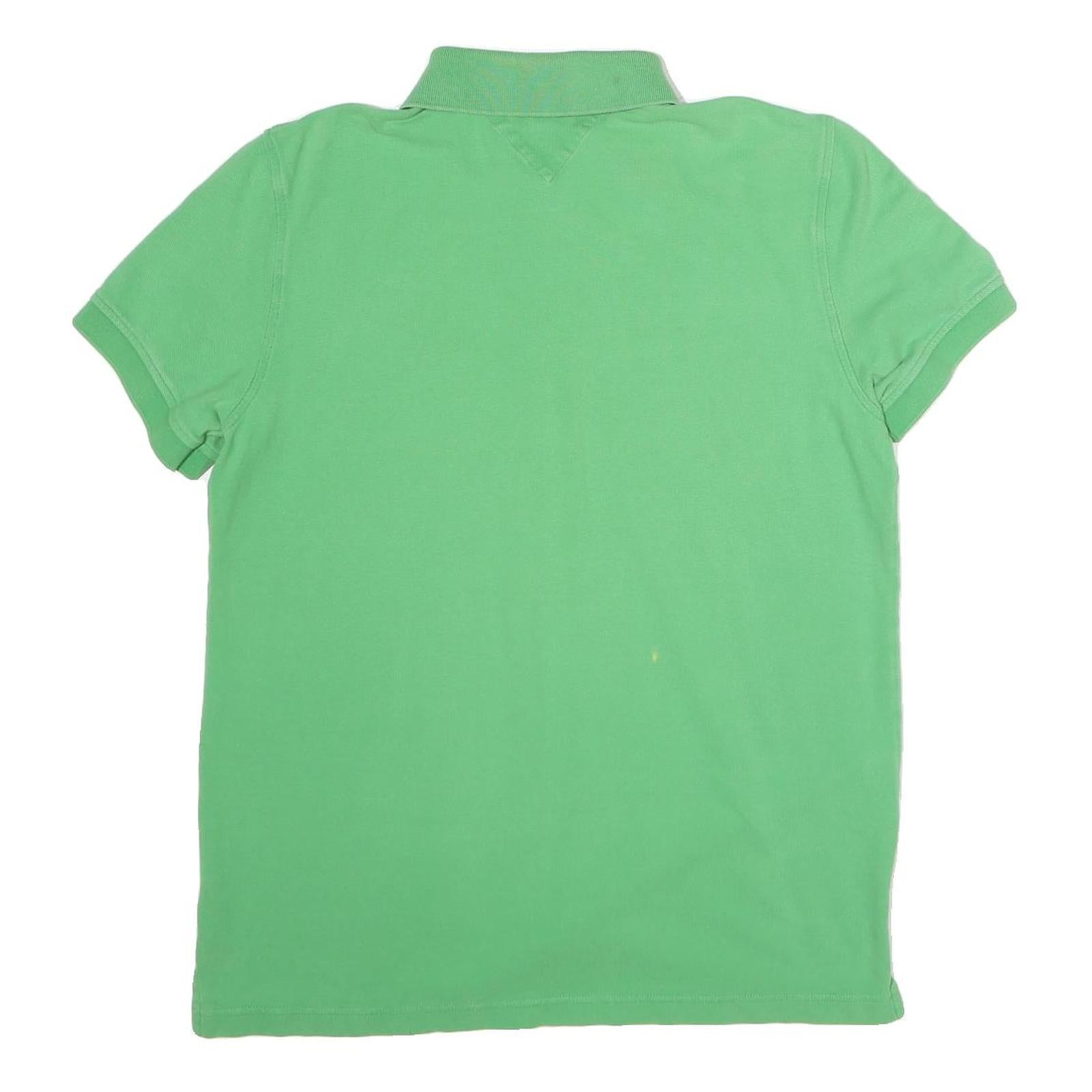 TOMMY HILFIGER Mens Green Cotton Blend Polo Shirt L Classic Logo Short Sleeve