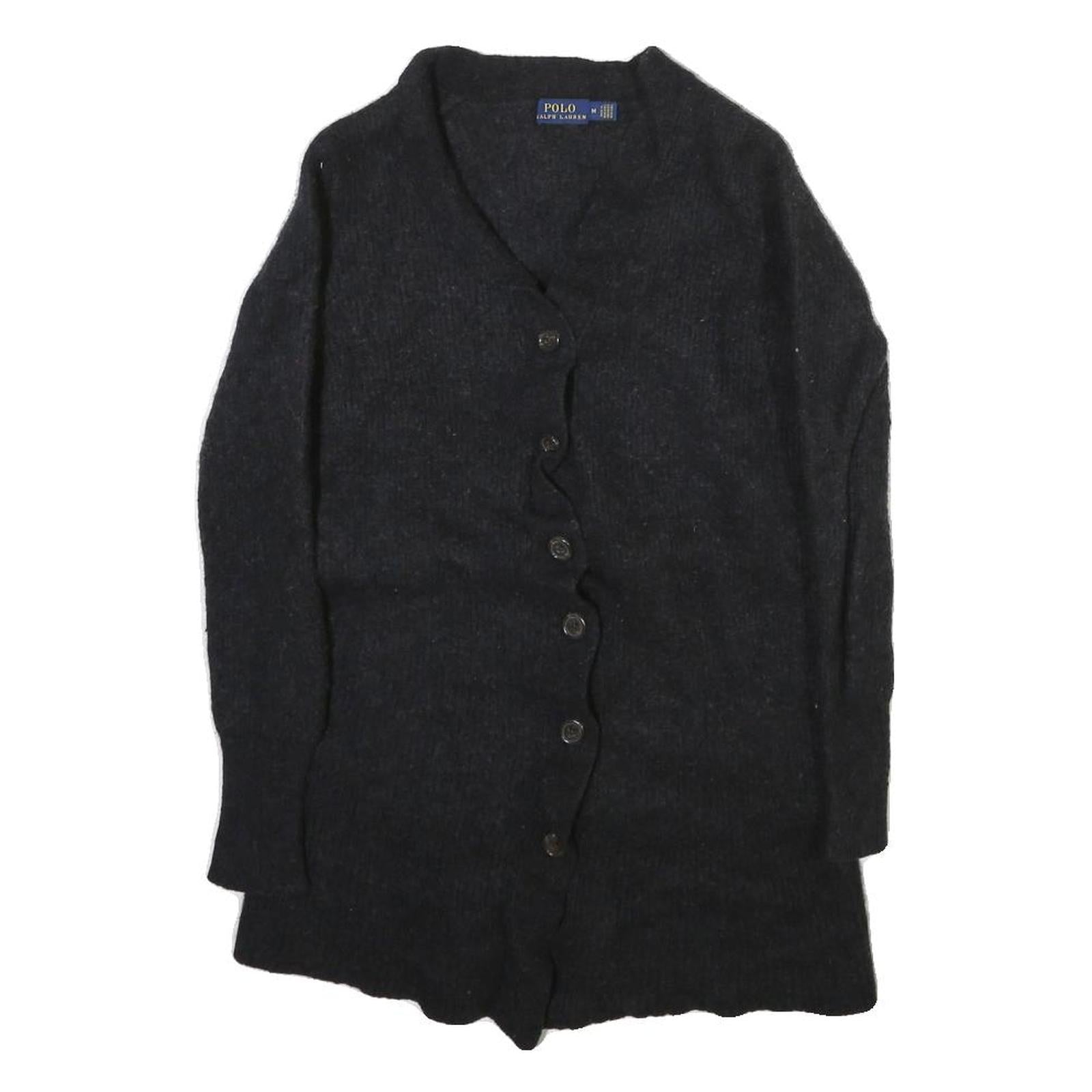 POLO RALPH LAUREN Womens Black Wool Plain Button Up Jumper V Neck Tight Knit M