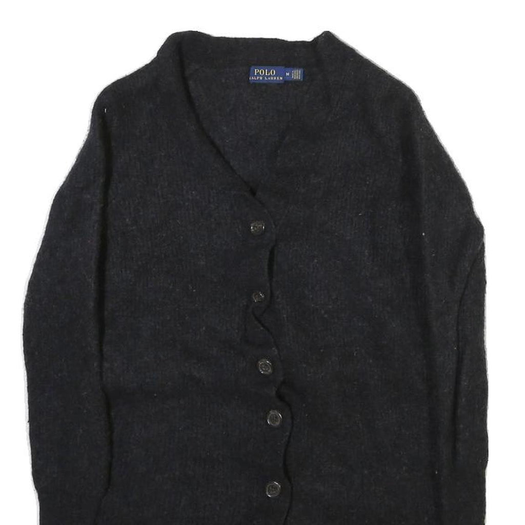 POLO RALPH LAUREN Womens Black Wool Plain Button Up Jumper V Neck Tight Knit M