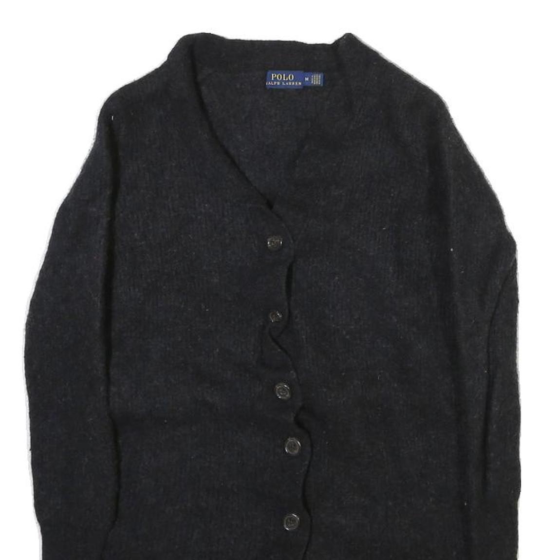 POLO RALPH LAUREN Womens Black Wool Plain Button Up Jumper V Neck Tight Knit M