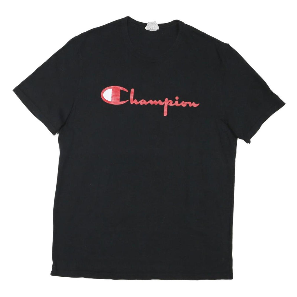 CHAMPION Mens Black Red Logo Graphic T-Shirt L Short Sleeve Crew Neck Cotton