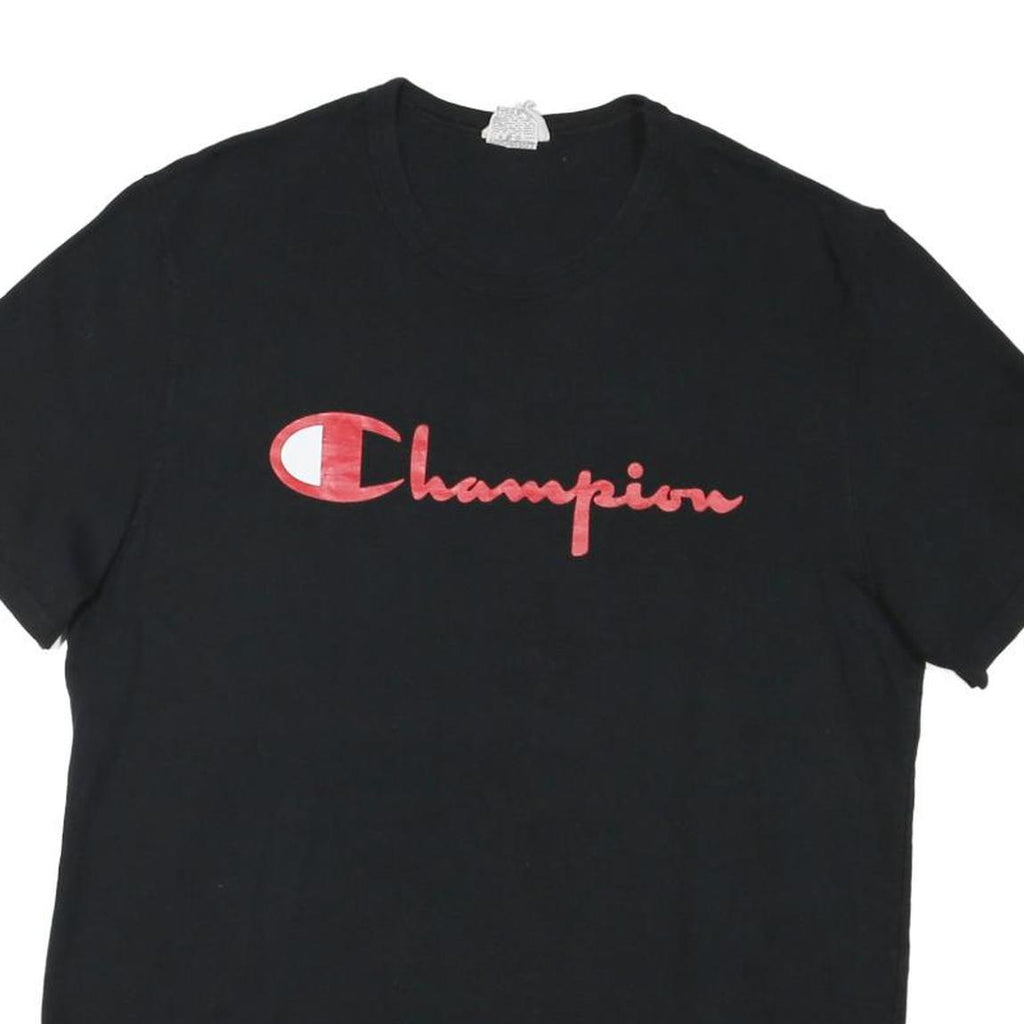 CHAMPION Mens Black Red Logo Graphic T-Shirt L Short Sleeve Crew Neck Cotton
