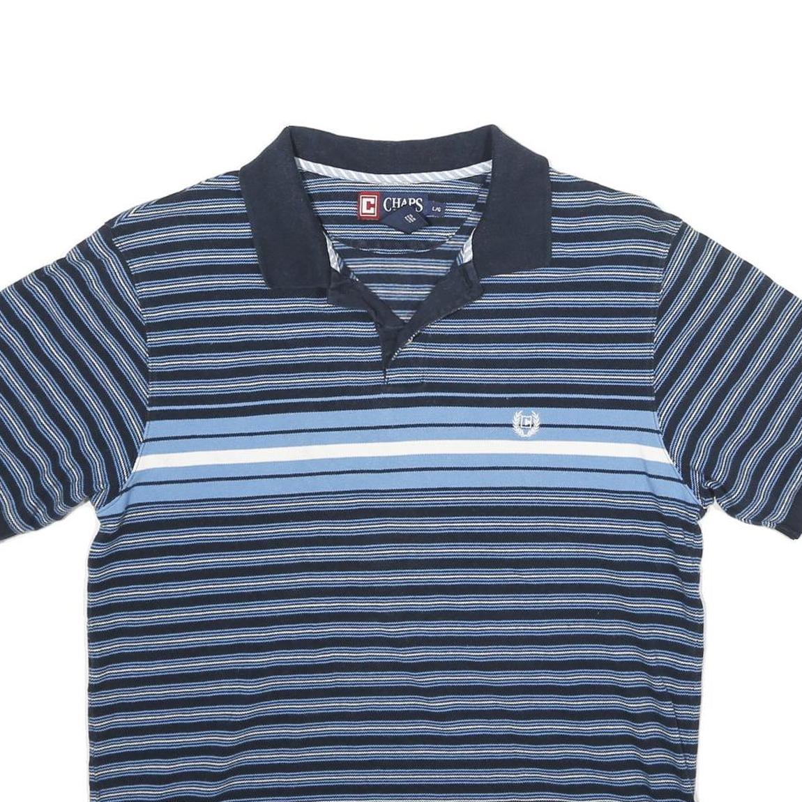 CHAPS Mens Blue & Navy Striped Short Sleeve Polo Shirt L Cotton Casual