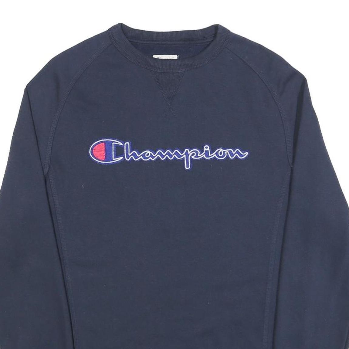 CHAMPION Mens Navy Blue Crew Neck S Sweatshirt Cotton Blend Logo Casual Pullover