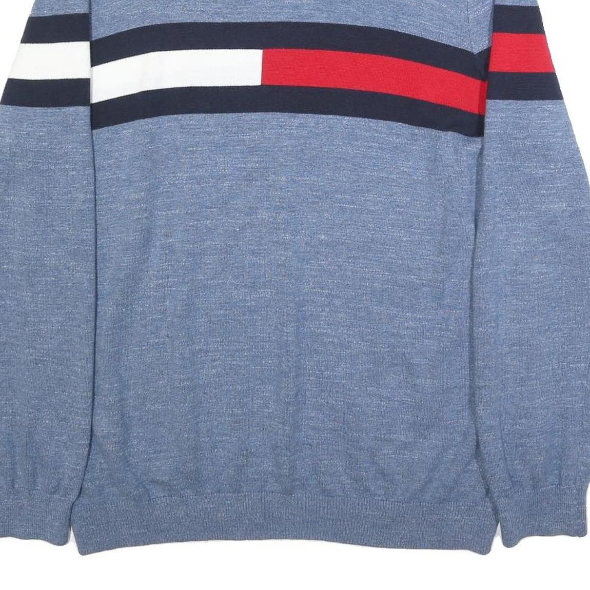 TOMMY HILFIGER Mens Blue Red & White Patterned Jumper V-Neck Basic Knit 2XL
