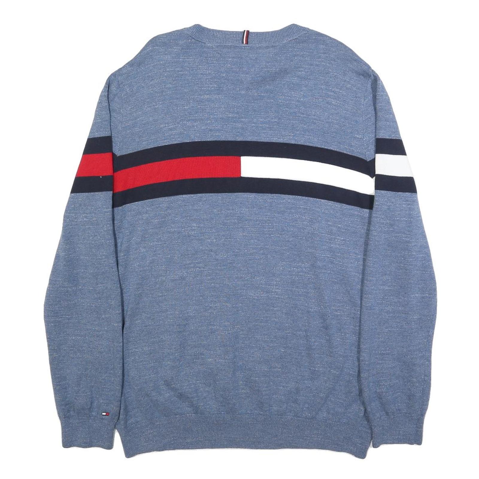 TOMMY HILFIGER Mens Blue Red & White Patterned Jumper V-Neck Basic Knit 2XL