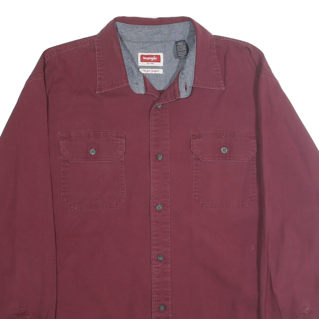 WRANGLER Mens Maroon Cotton Blend Shirt L Button Pockets Casual Workwear