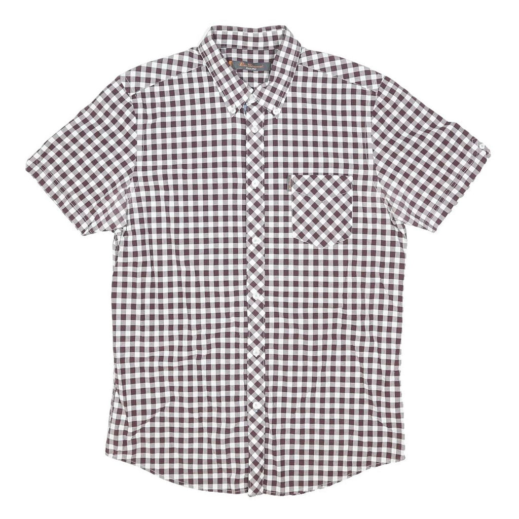 BEN SHERMAN Mens Maroon & White Check Shirt L Cotton Blend Short Sleeve Button