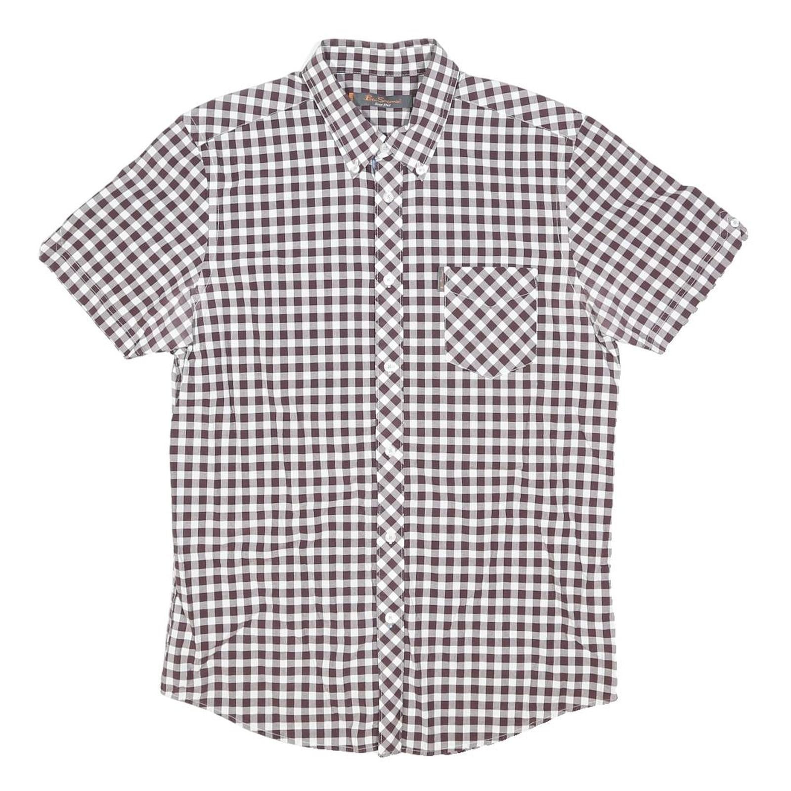 BEN SHERMAN Mens Maroon & White Check Shirt L Cotton Blend Short Sleeve Button