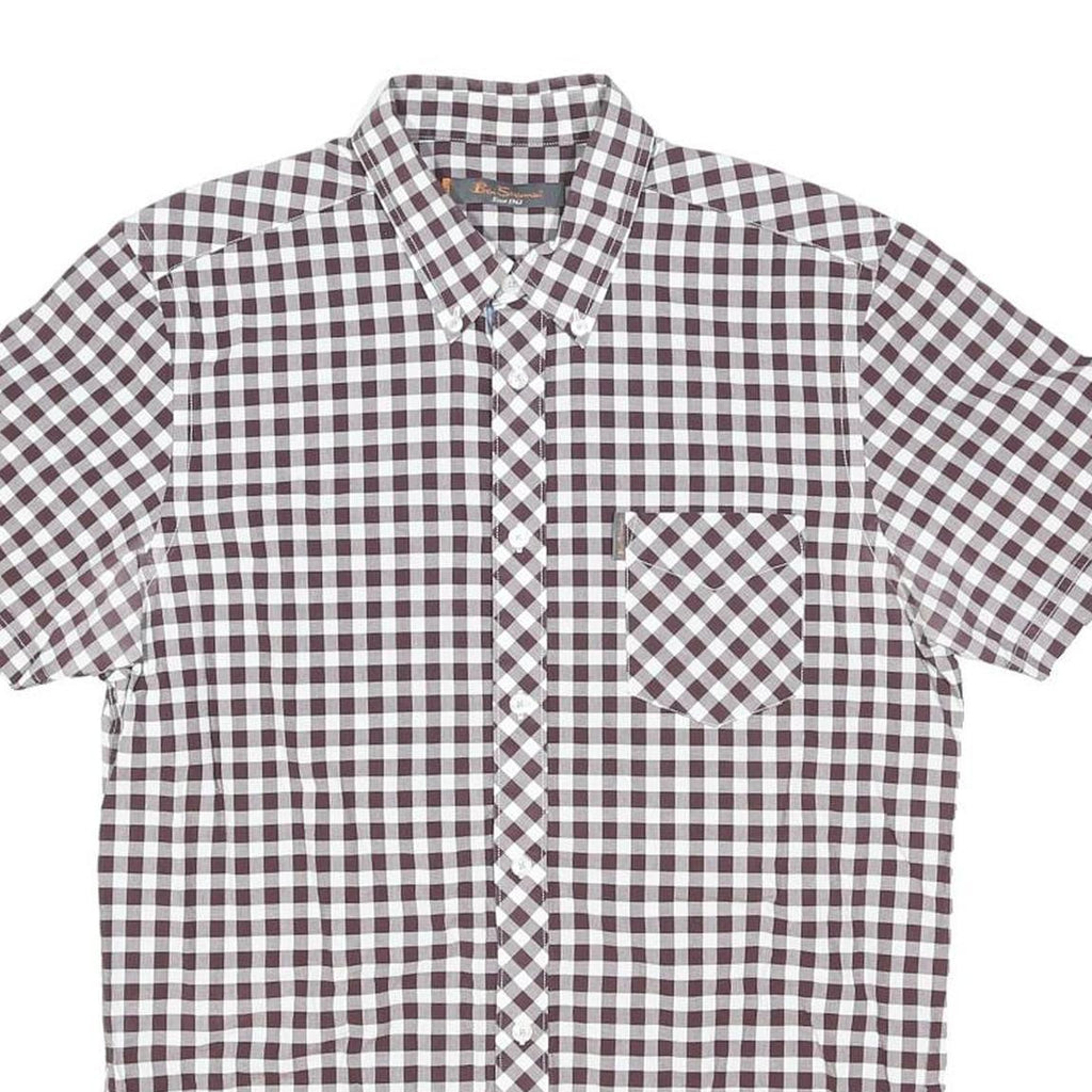 BEN SHERMAN Mens Maroon & White Check Shirt L Cotton Blend Short Sleeve Button