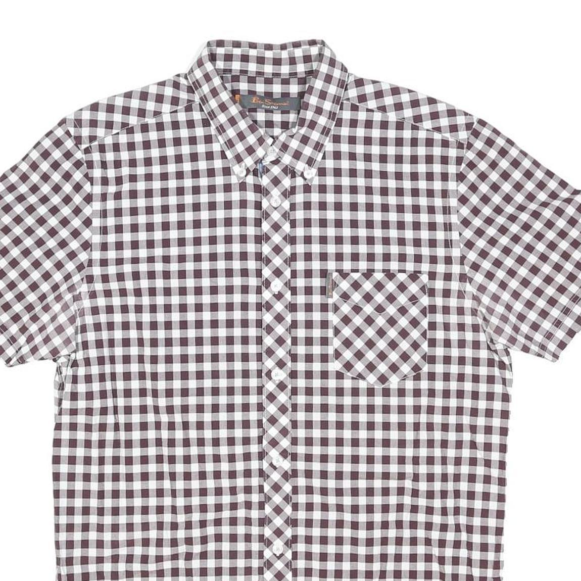 BEN SHERMAN Mens Maroon & White Check Shirt L Cotton Blend Short Sleeve Button
