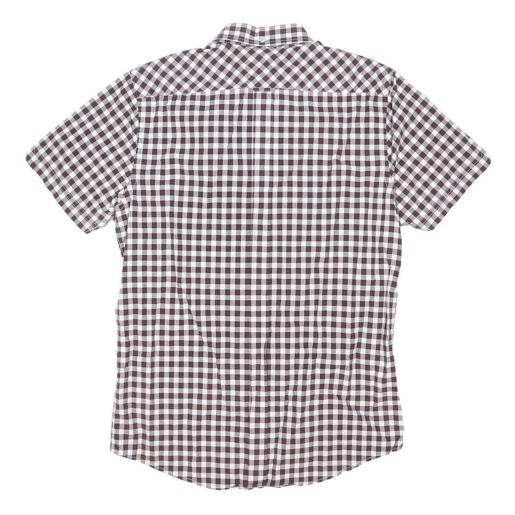 BEN SHERMAN Mens Maroon & White Check Shirt L Cotton Blend Short Sleeve Button