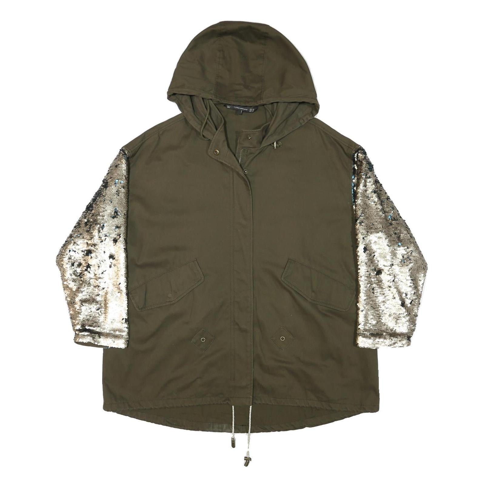 ZARA Womens Khaki & Silver Sequin Sleeve Hoodie Jacket XS Cotton Woven Zip