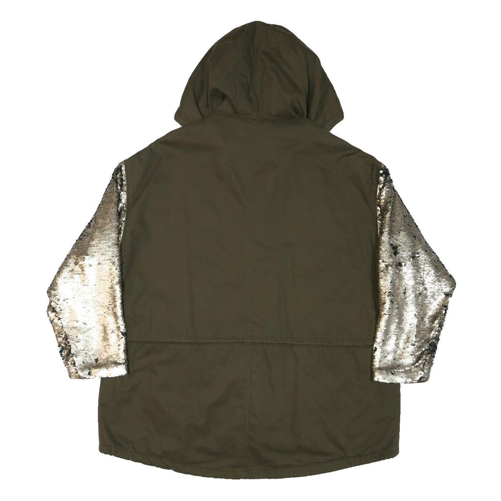 ZARA Womens Khaki & Silver Sequin Sleeve Hoodie Jacket XS Cotton Woven Zip