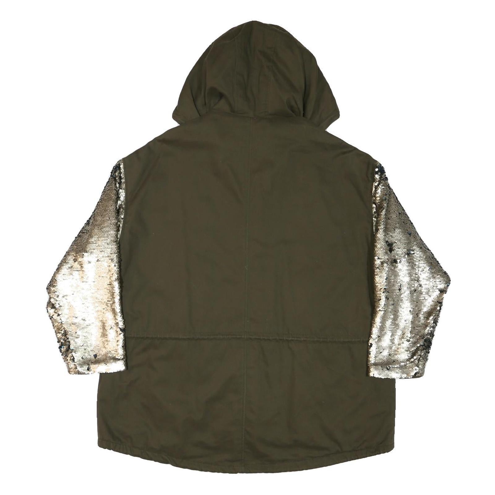 ZARA Womens Khaki & Silver Sequin Sleeve Hoodie Jacket XS Cotton Woven Zip