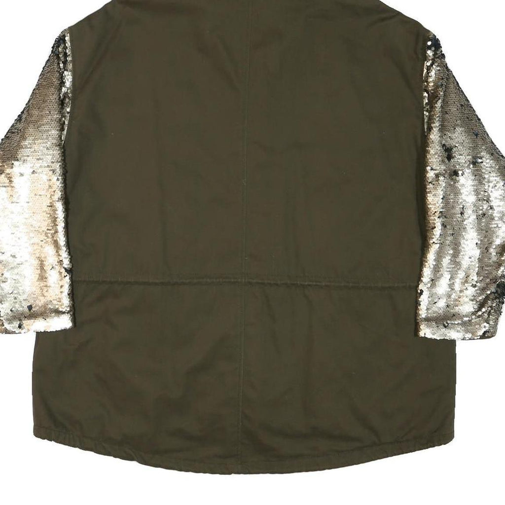 ZARA Womens Khaki & Silver Sequin Sleeve Hoodie Jacket XS Cotton Woven Zip