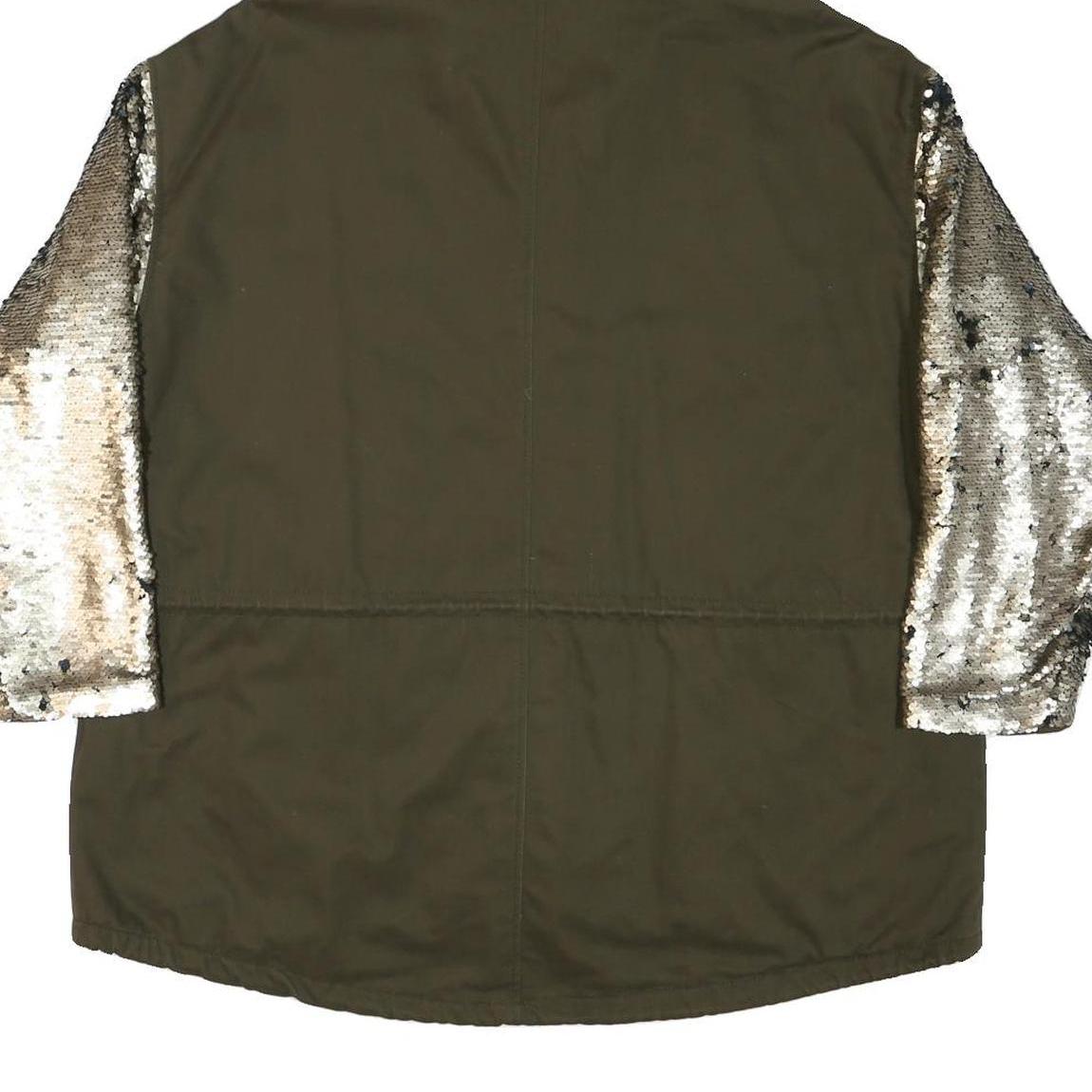 ZARA Womens Khaki & Silver Sequin Sleeve Hoodie Jacket XS Cotton Woven Zip
