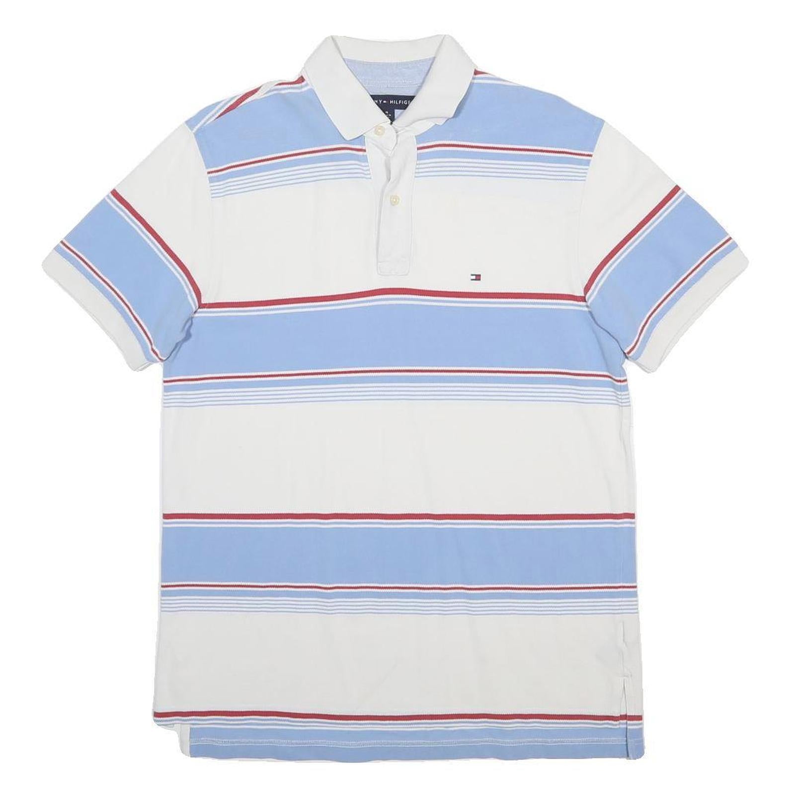 TOMMY HILFIGER Mens White & Blue Striped Short Sleeve Polo Shirt M Cotton Blend