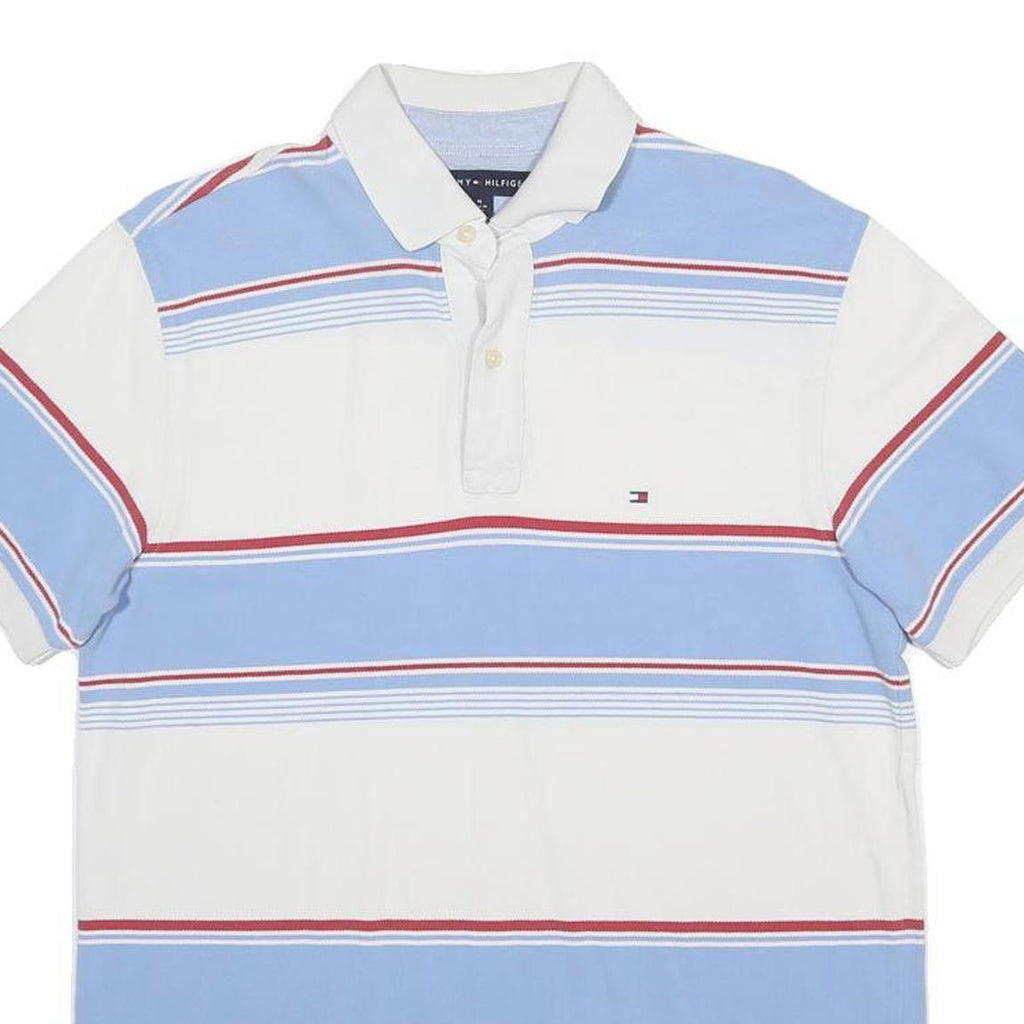 TOMMY HILFIGER Mens White & Blue Striped Short Sleeve Polo Shirt M Cotton Blend