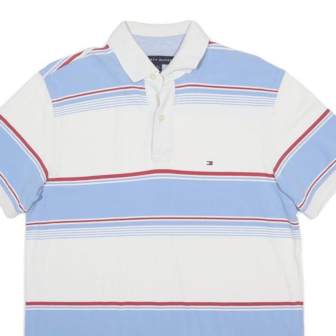 TOMMY HILFIGER Mens White & Blue Striped Short Sleeve Polo Shirt M Cotton Blend
