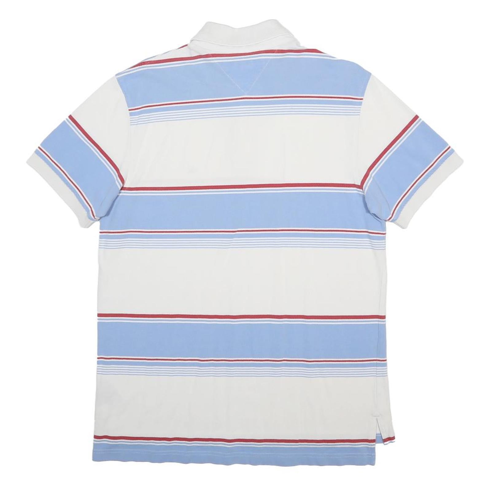 TOMMY HILFIGER Mens White & Blue Striped Short Sleeve Polo Shirt M Cotton Blend