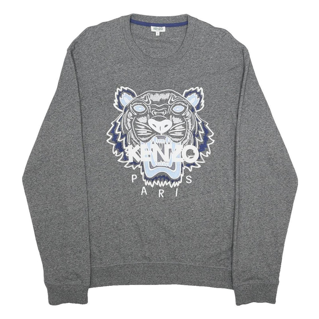 KENZO Mens Grey Tiger Logo Crew Neck L Sweatshirt Cotton Blend Pullover