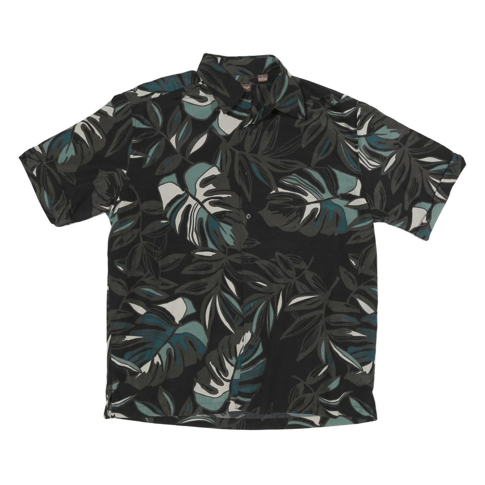 CENTRO Mens Black & Grey Tropical Print Shirt L Polyester Casual Summer
